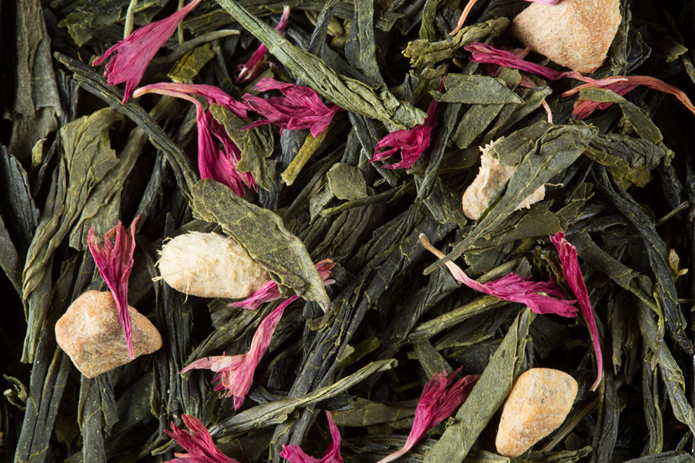 Tea leaves and flower petals in Miss Dammann tea
